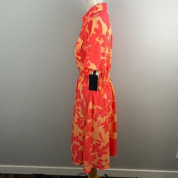 NWT HALOGEN X ATLANTIC-PACIFIC Orange Pink Floral‎ Smocked Utility Dress Coral - Picture 5 of 10